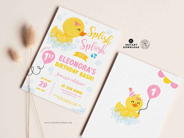 Rubber Ducky Girl birthday Party invitation, INSTANT DOWNLOAD EDITABLE Yellow Pink Rubber duck corjl invitation girly duckie invite 428