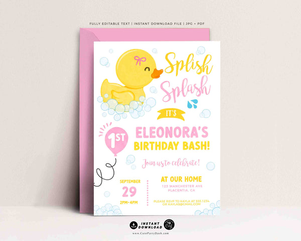 Rubber Ducky Girl birthday Party invitation, INSTANT DOWNLOAD EDITABLE Yellow Pink Rubber duck corjl invitation girly duckie invite 428