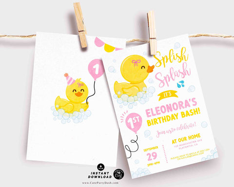 Rubber Ducky Girl birthday Party invitation, INSTANT DOWNLOAD EDITABLE Yellow Pink Rubber duck corjl invitation girly duckie invite 428
