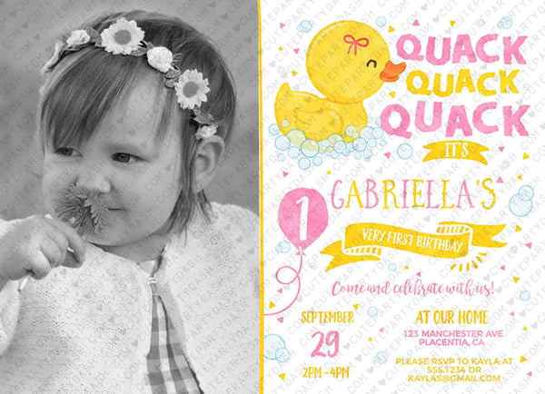 EDITABLE Rubber Duck Girl birthday Party invitation INSTANT DOWNLOAD Yellow Pink One Lucky Duck Birthday Photo Digital corjl invite 428