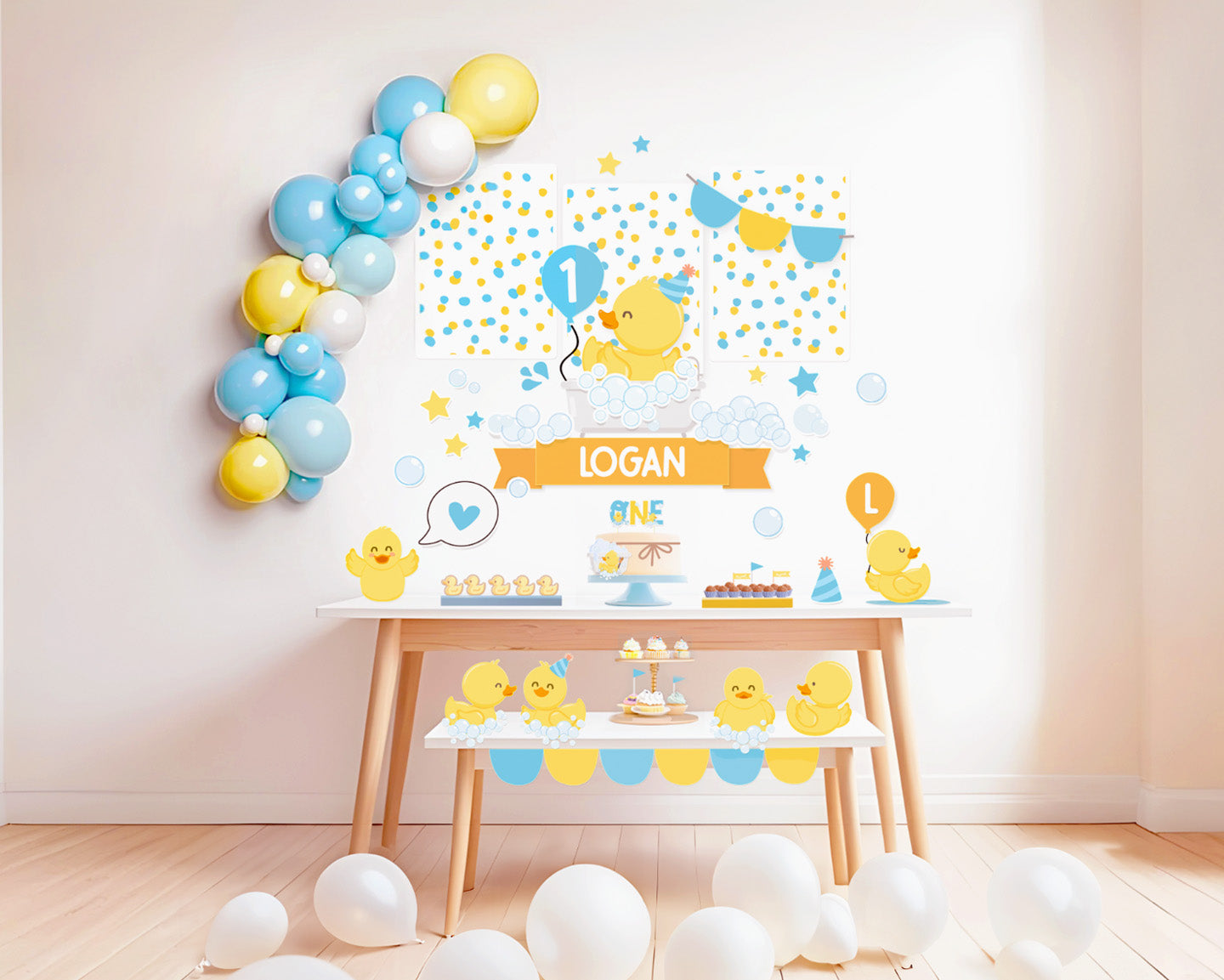 Rubber Duck Birthday Party Decoration Bundle Printable INSTANT DOWNLOAD EDITABLE Yellow Blue Ducky Decor One Lucky Duck invitation 429