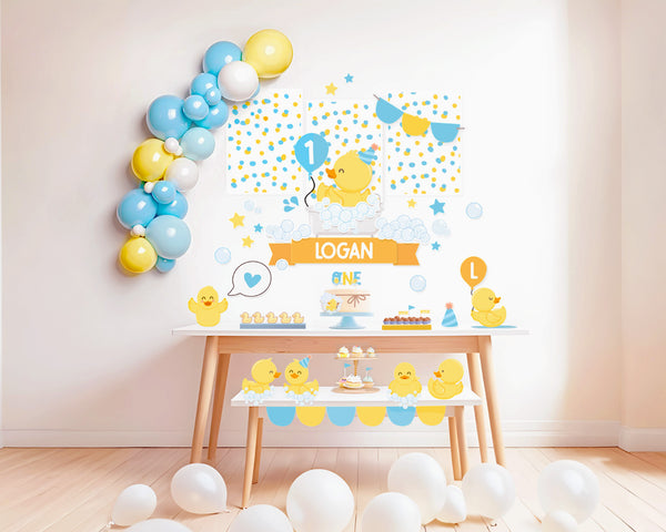 Rubber Duck Birthday Party Decoration Bundle Printable INSTANT DOWNLOAD EDITABLE Yellow Blue Ducky Decor One Lucky Duck invitation 429