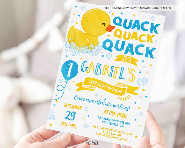 Rubber Duck Birthday Invitation Printable INSTANT DOWNLOAD, Editable Yellow Blue Rubber ducky Party Invite Boy Girl One Lucky Duck Party 429