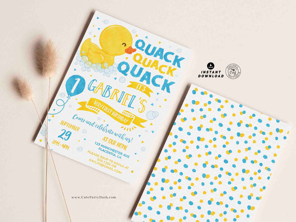 Rubber Duck Birthday Invitation Printable INSTANT DOWNLOAD, Editable Yellow Blue Rubber ducky Party Invite Boy Girl One Lucky Duck Party 429