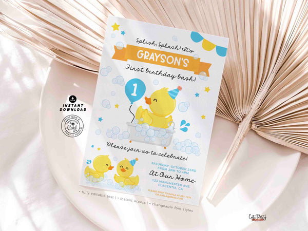 Rubber Duck First birthday Party invitation INSTANT DOWNLOAD Printable Blue Yellow Ducky Birthday editable One Lucky Duck Invite 429p