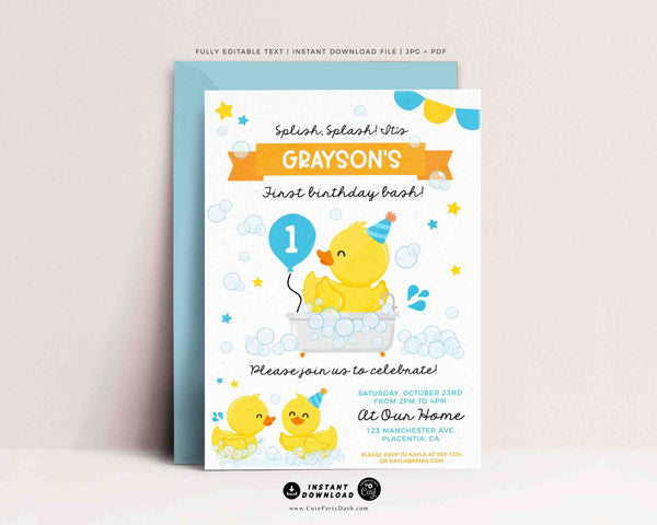 Rubber Duck First birthday Party invitation INSTANT DOWNLOAD Printable Blue Yellow Ducky Birthday editable One Lucky Duck Invite 429p