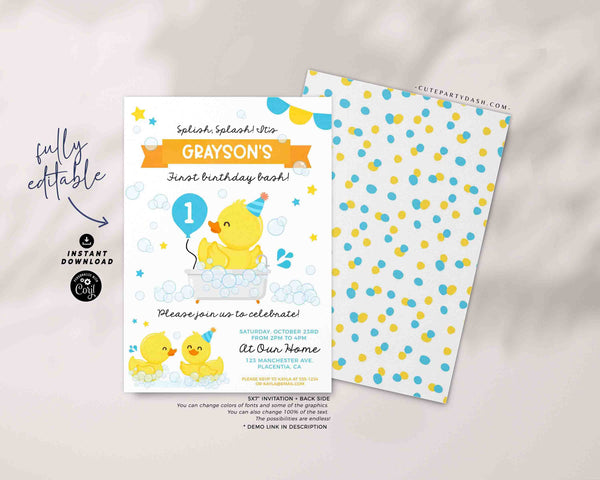 Rubber Duck First birthday Party invitation INSTANT DOWNLOAD Printable Blue Yellow Ducky Birthday editable One Lucky Duck Invite 429p