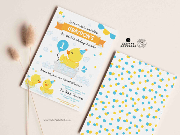 Rubber Duck First birthday Party invitation INSTANT DOWNLOAD Printable Blue Yellow Ducky Birthday editable One Lucky Duck Invite 429p