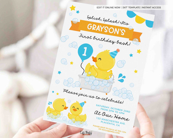 Rubber Duck First birthday Party invitation INSTANT DOWNLOAD Printable Blue Yellow Ducky Birthday editable One Lucky Duck Invite 429p