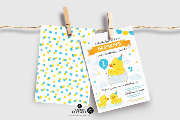 Rubber Duck First birthday Party invitation INSTANT DOWNLOAD Printable Blue Yellow Ducky Birthday editable One Lucky Duck Invite 429p