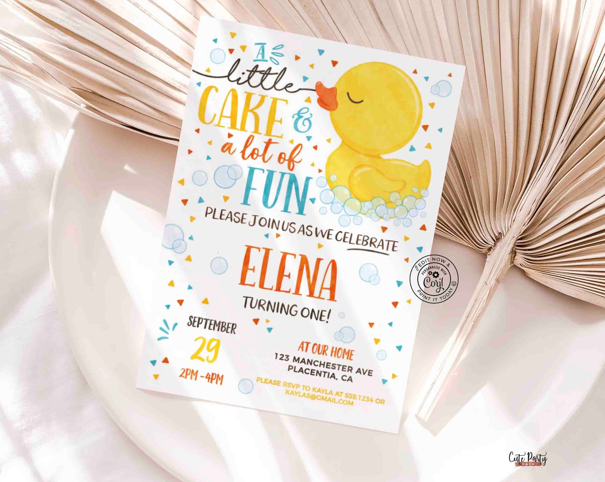 Rubber Ducky birthday invitation Instant download Cute Party Dash