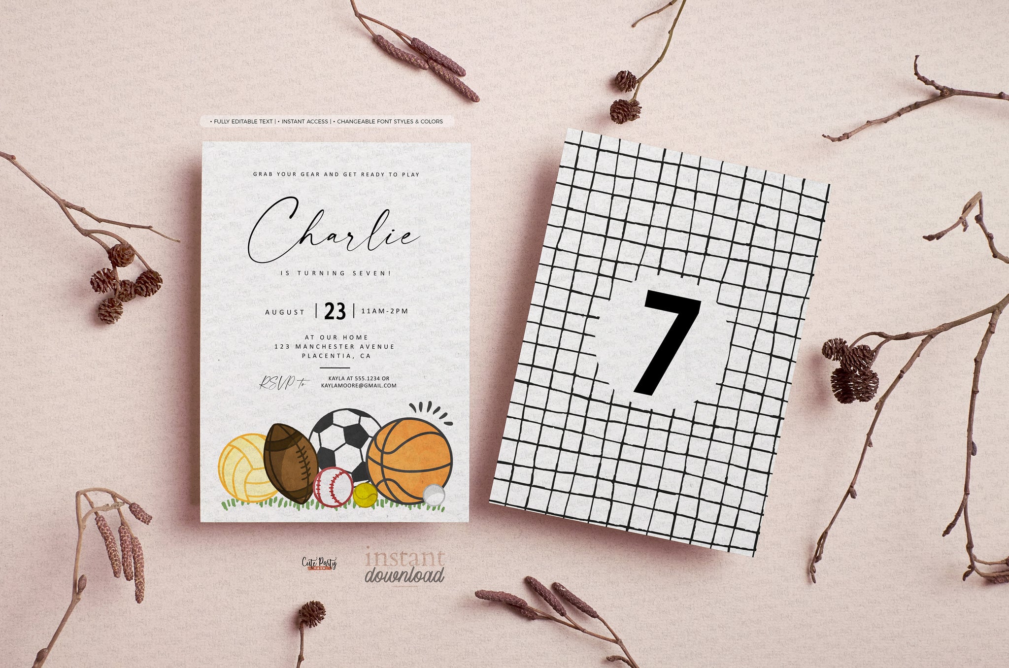 Sports Birthday invitation Printable INSTANT DOWNLOAD – Cute Party Dash