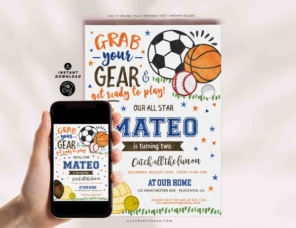 Sports Birthday invitation Printable INSTANT DOWNLOAD EDITABLE All Star Football Soccer Baseball Sport Balls Birthday Invite Sport Theme 438