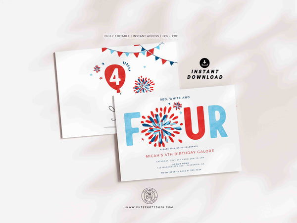 4th of July 4th birthday invitation INSTANT DOWNLOAD Editable Stars Stripes and birthday fun Independence Day fireworks Fourth birthday 453