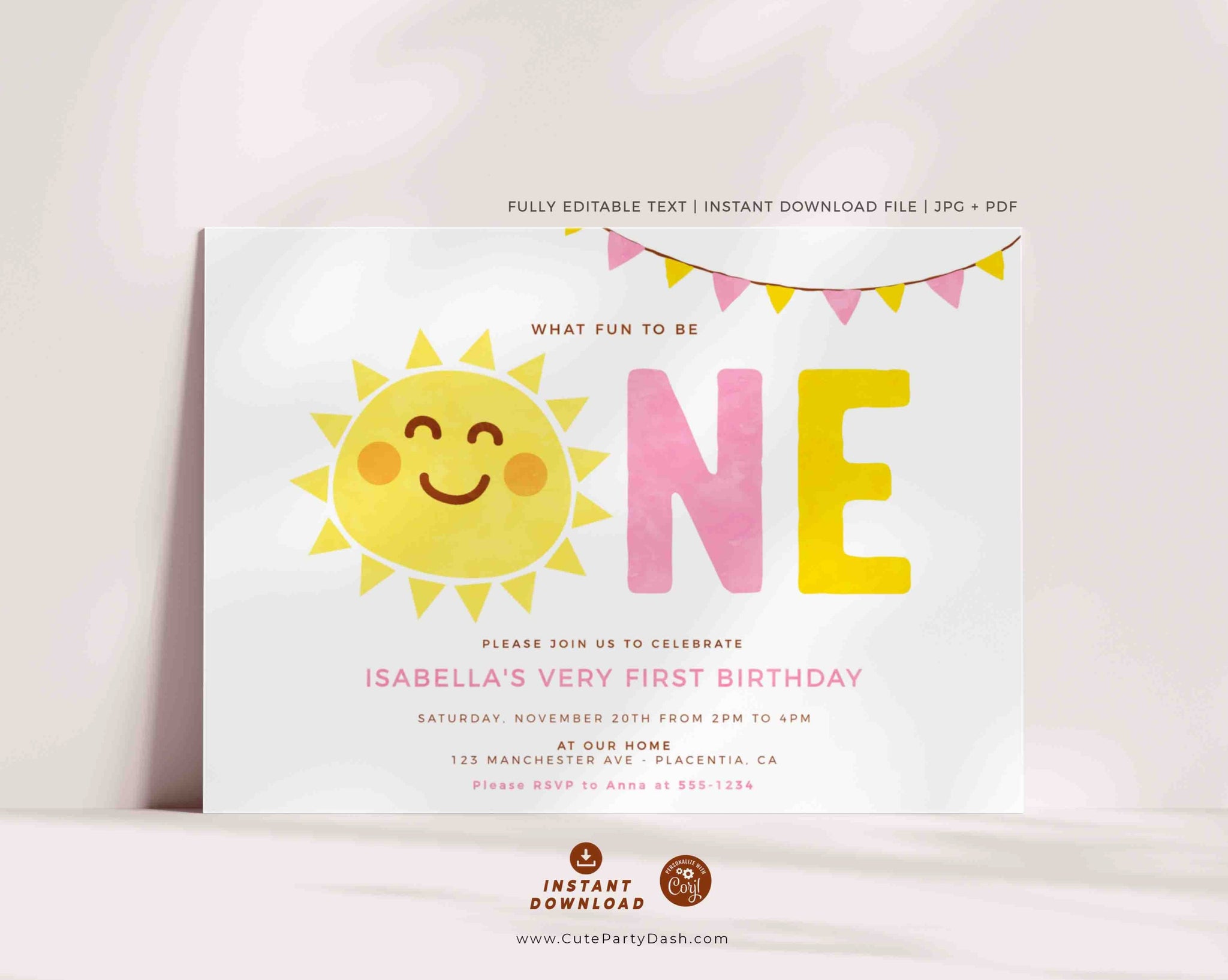 Minimal Little Sunshine Birthday Girl invitation Printable INSTANT DOWNLOAD Editable Minimalist Sun Little Sunshine First birthday party 481