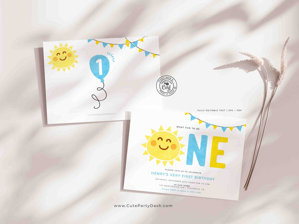 Minimal Little Sunshine Birthday Boy invitation Printable INSTANT DOWNLOAD Editable Minimalist Sun Little Sunshine First birthday party 481