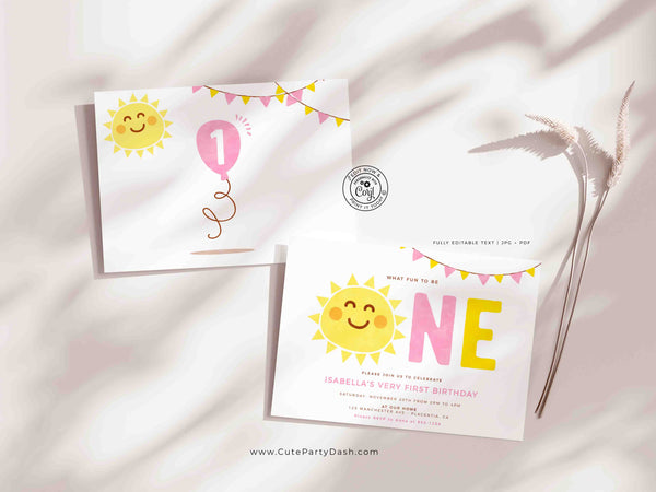 Minimal Little Sunshine Birthday Girl invitation Printable INSTANT DOWNLOAD Editable Minimalist Sun Little Sunshine First birthday party 481