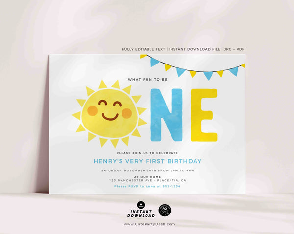 Minimal Little Sunshine Birthday Boy invitation Printable INSTANT DOWNLOAD Editable Minimalist Sun Little Sunshine First birthday party 481