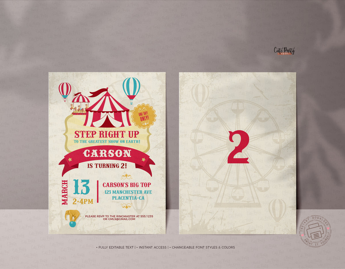 Circus Birthday Invitation Printable INSTANT DOWNLOAD – Cute Party Dash