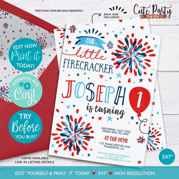 4th of July birthday invitation template boy girl Independence Day Party printable invite little firecracker invitation INSTANT DOWNLOAD 453
