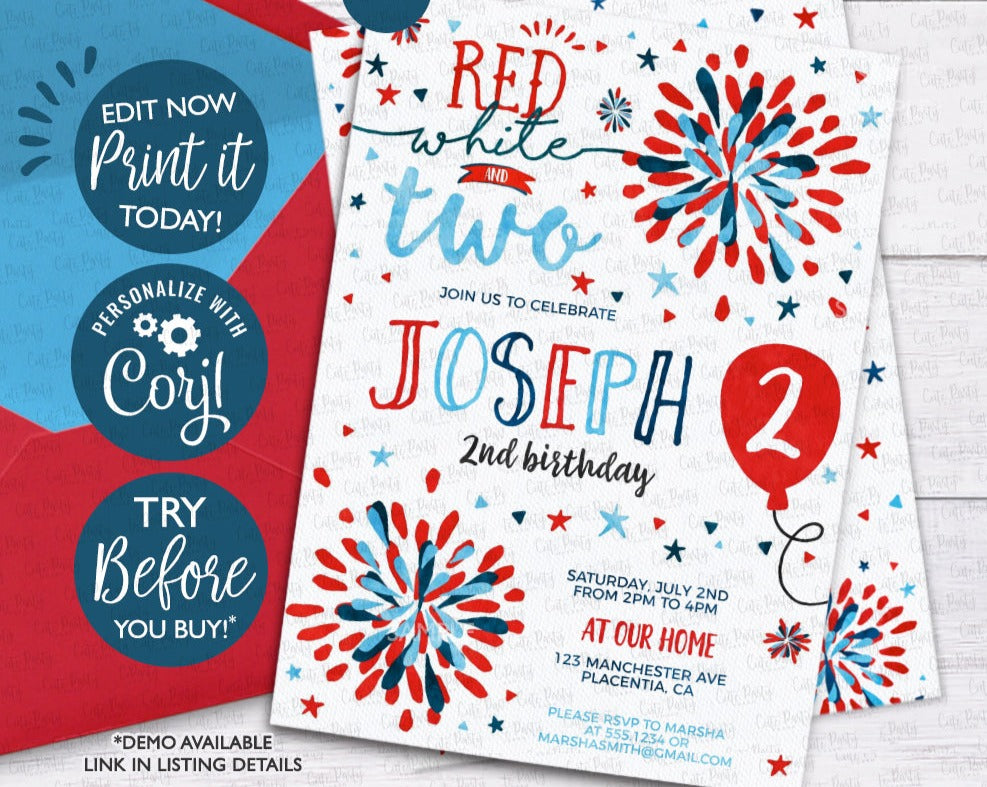 Red White and Two 4th of July Second birthday invitation printable INSTANT DOWNLOAD, EDITABLE Independence Day Stars and Stripes Party 453