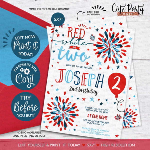 Red White and Two 4th of July Second birthday invitation printable INSTANT DOWNLOAD, EDITABLE Independence Day Stars and Stripes Party 453