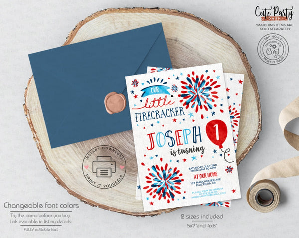 4th of July birthday invitation template boy girl Independence Day Party printable invite little firecracker invitation INSTANT DOWNLOAD 453