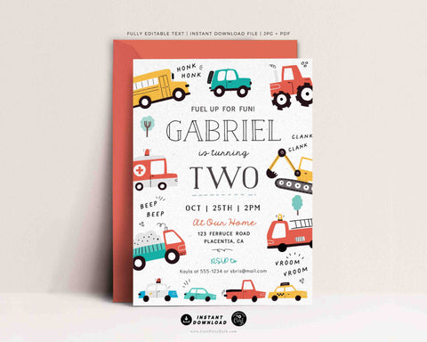 Transportation Birthday Invite Printable INSTANT DOWNLOAD, Editable Cars & Trucks Second Birthday Invitation City Transportation party 509 P