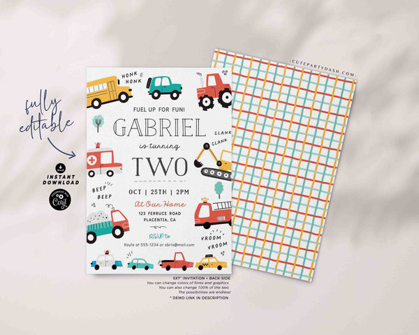 Transportation Birthday Invite Printable INSTANT DOWNLOAD, Editable Cars & Trucks Second Birthday Invitation City Transportation party 509 P