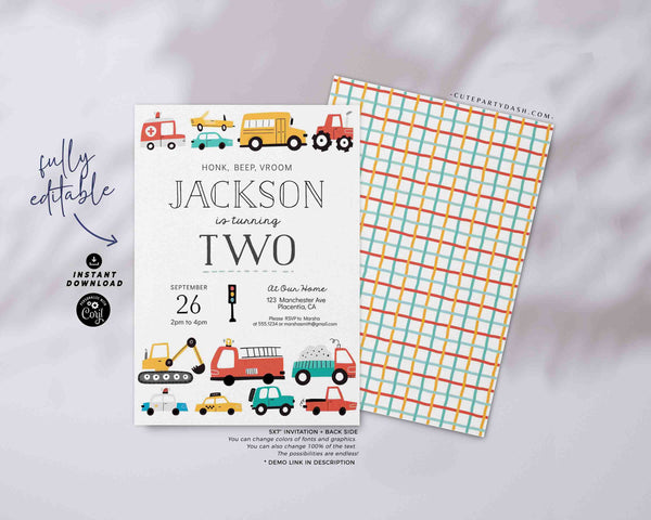 Transportation Birthday Invite Printable INSTANT DOWNLOAD, Editable Cars & Trucks Second Birthday Invitation City Transportation party 509 P