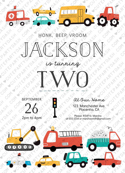 Transportation Birthday Invite Printable INSTANT DOWNLOAD, Editable Cars & Trucks Second Birthday Invitation City Transportation party 509 P