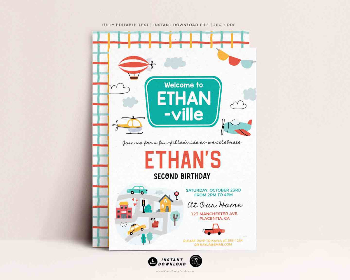 Transportation Birthday Invite Printable INSTANT DOWNLOAD – Cute Party Dash