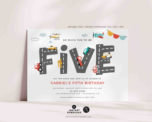 Transportation Fifth Birthday Invite Printable INSTANT DOWNLOAD, Editable Cars & Trucks Birthday Invitation City Transportation party 509 P