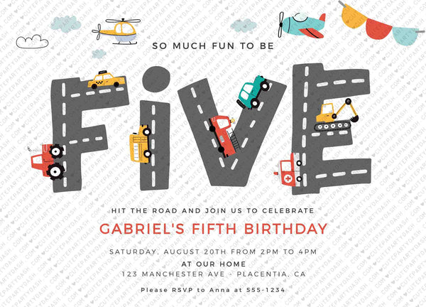 Transportation Fifth Birthday Invite Printable INSTANT DOWNLOAD, Editable Cars & Trucks Birthday Invitation City Transportation party 509 P