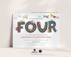 Transportation Fourth Birthday Invite Printable INSTANT DOWNLOAD, Editable Cars & Trucks Birthday Invitation City Transportation party 509 P