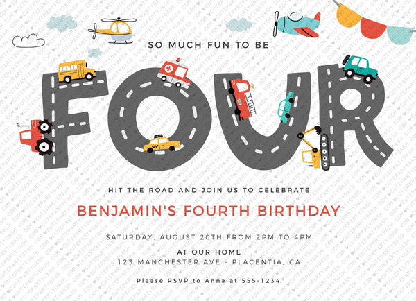 Transportation Fourth Birthday Invite Printable INSTANT DOWNLOAD, Editable Cars & Trucks Birthday Invitation City Transportation party 509 P