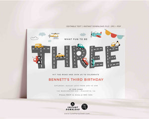 Transportation Third Birthday Invite Printable INSTANT DOWNLOAD, Editable Cars & Trucks Birthday Invitation City Transportation party 509 P