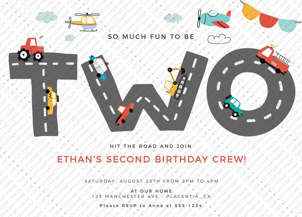 Transportation Second Birthday Invite Printable INSTANT DOWNLOAD, Editable Cars & Trucks Birthday Invitation City Transportation party 509 P