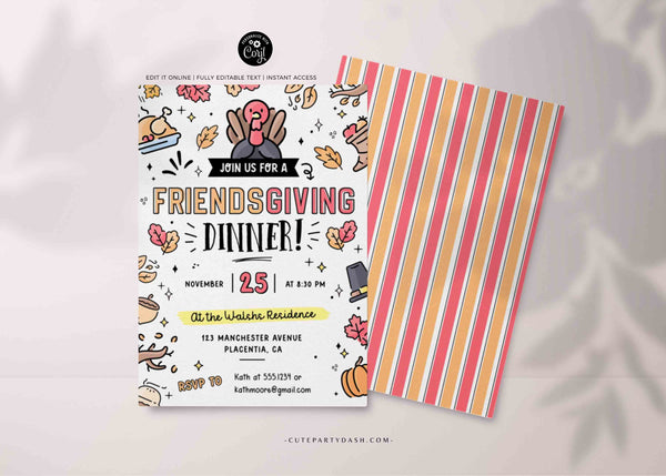 Friendsgiving Dinner Invitation Digital INSTANT DOWNLOAD Editable printable Thanksgiving Dinner invite Fall Pumpkin Invitation, #525