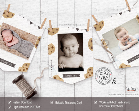 Milk and Cookies Birthday Monthly Photo Banner, INSTANT DOWNLOAD, EDITABLE Minimalist Black White Printable milestone, Garland, Corjl 526