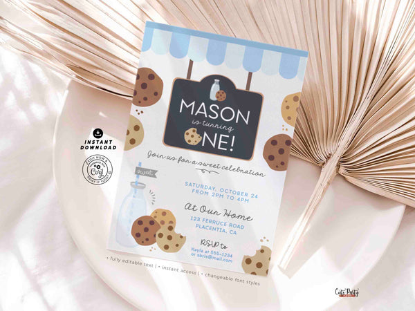 Milk and Cookies Birthday invitation printable INSTANT DOWNLOAD, EDITABLE Pastel Baby Blue Printable Milk & Cookies Corjl invite 526
