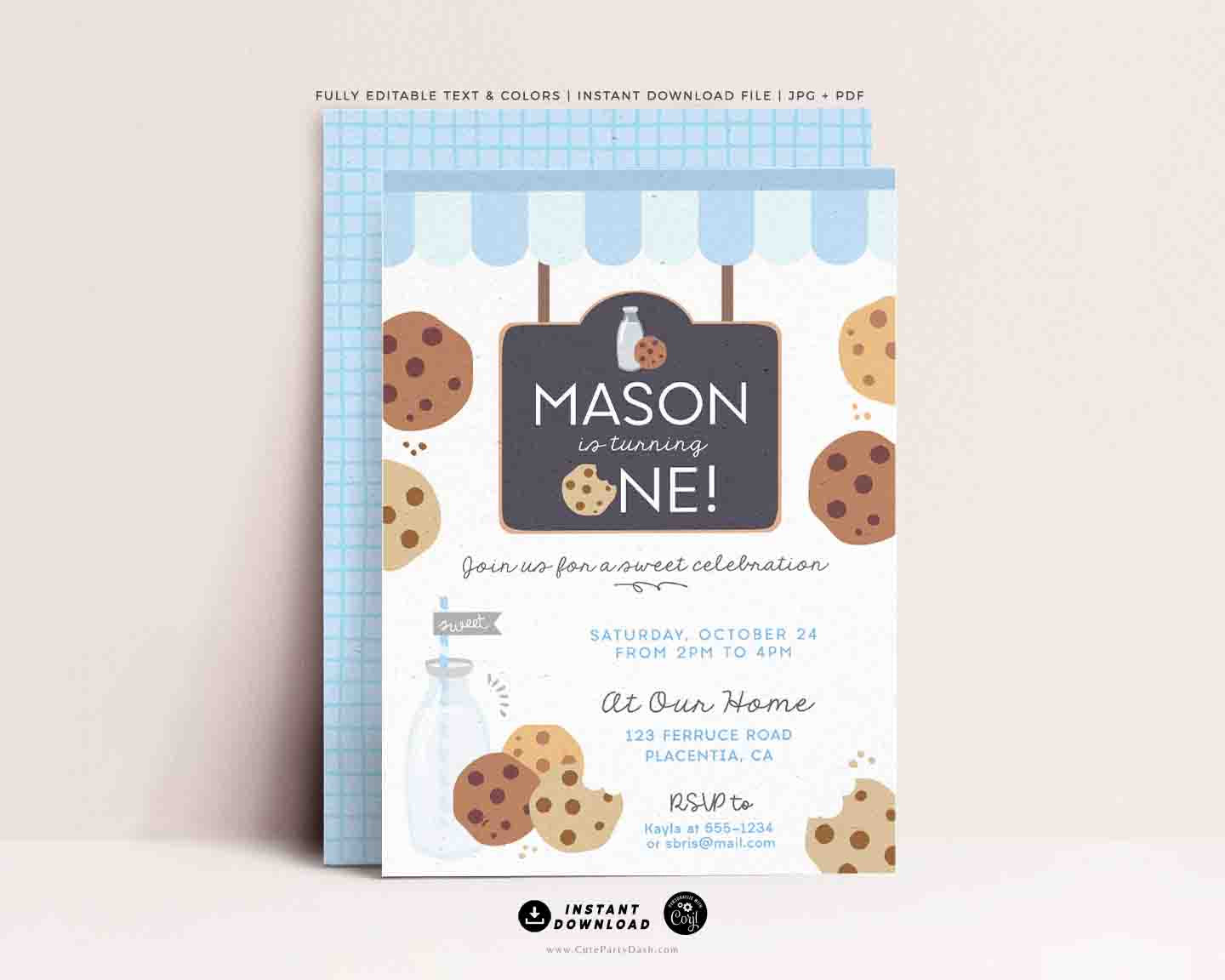 Milk and Cookies Birthday invitation printable INSTANT DOWNLOAD, EDITABLE Pastel Baby Blue Printable Milk & Cookies Corjl invite 526