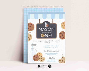 Milk and Cookies Birthday invitation printable INSTANT DOWNLOAD, EDITABLE Pastel Baby Blue Printable Milk & Cookies Corjl invite 526