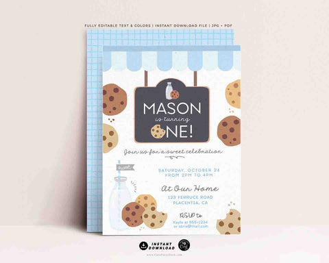 Milk and Cookies Birthday invitation printable INSTANT DOWNLOAD, EDITABLE Pastel Baby Blue Printable Milk & Cookies Corjl invite 526