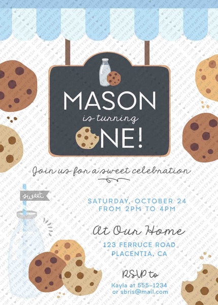 Milk and Cookies Birthday invitation printable INSTANT DOWNLOAD, EDITABLE Pastel Baby Blue Printable Milk & Cookies Corjl invite 526