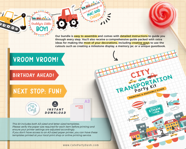 City Transportation Party Kit Decoration INSTANT DOWNLOAD, Printable Cars and Trucks birthday theme Transportation party decor, #509 P