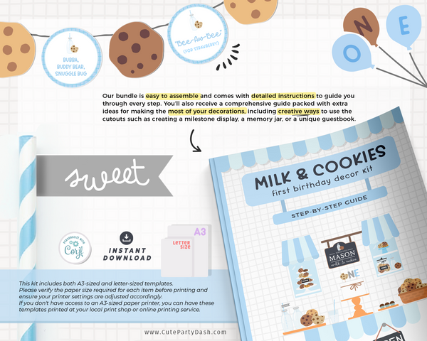 Milk and Cookies First Birthday Party Decor Kit Printable INSTANT DOWNLOAD DIY Decorations Editable Blue Milk & Cookies First Birthday 526 P