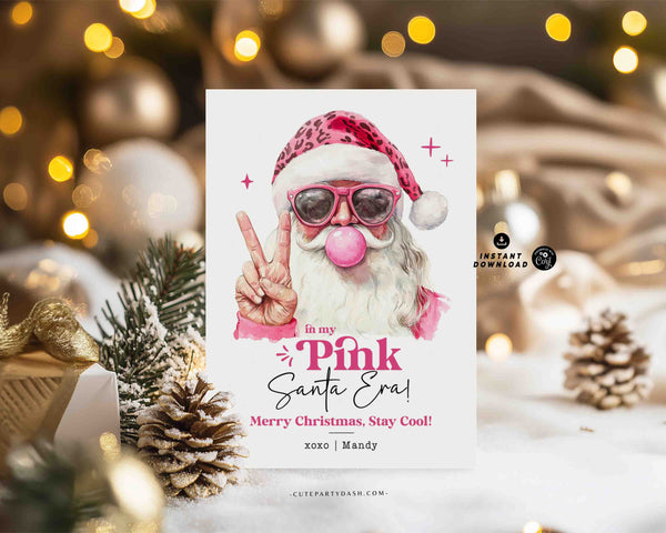 In My Pink Santa Era Christmas Card Printable INSTANT DOWNLOAD, Editable Retro Printable Holiday Greetings Merry Christmas Card