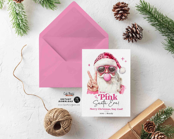 In My Pink Santa Era Christmas Card Printable INSTANT DOWNLOAD, Editable Retro Printable Holiday Greetings Merry Christmas Card