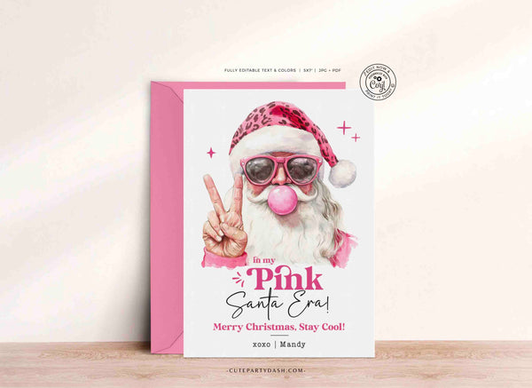 In My Pink Santa Era Christmas Card Printable INSTANT DOWNLOAD, Editable Retro Printable Holiday Greetings Merry Christmas Card